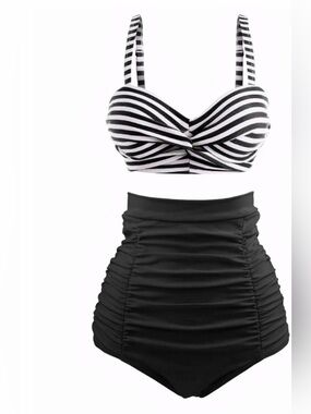 High-Waist Black Ruched Bikini Bottom with Black & White Striped Top